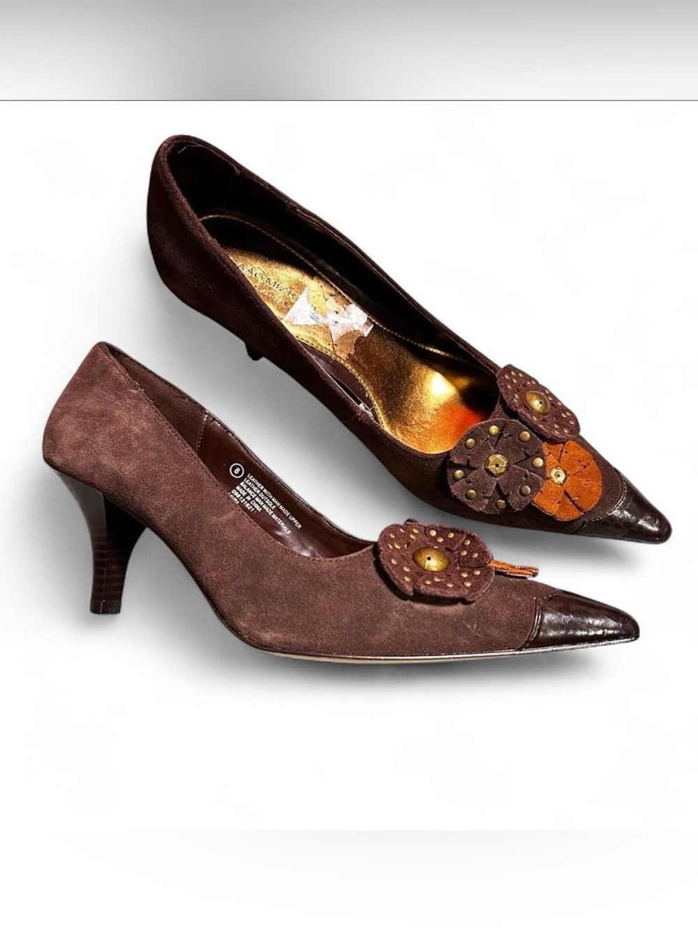 Vintage Y2K Brown Suede Pointed-Toe Whimsigoth Kitten Heels Floral Stud Accent
